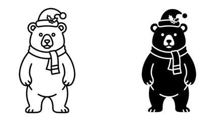 Christmas Bear Duo: Two charming cartoon bears, one in outline and the other a solid silhouette, don new Santa hats and cozy scarves, ready for festive holiday cheer. © muntahna