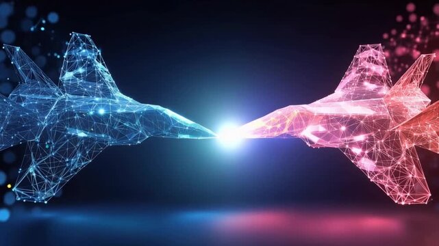 Two futuristic fighter jets rendered in vibrant blue and red digital wireframes collide in a dazzling display of light and energy. ..Created with Generative AI, not depicting real subjects.