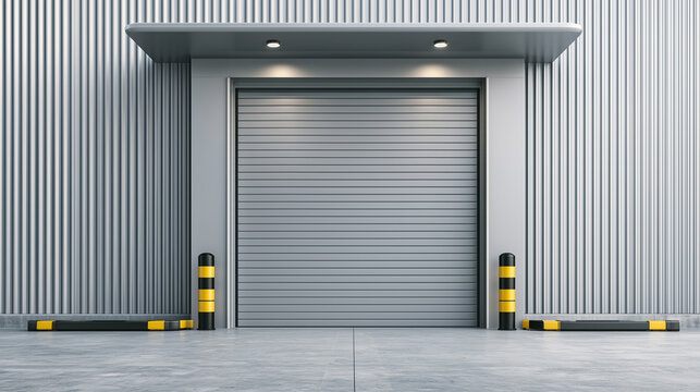 Modern industrial roller shutter door on commercial warehouse loading dock with secure metal facade and entrance	
