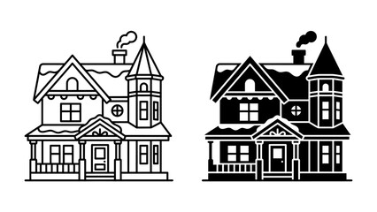 Winter House Illustrations: Two distinct illustrations depict a charming Victorian-style house covered in snow, one in black and white outline and the other in a solid black silhouette. © Ajm