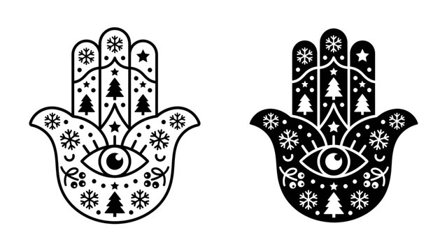 Hamsa Hand with Winter Motifs: Two stylized Hamsa hands, one outlined and the other silhouetted, are adorned with festive winter symbols like snowflakes, Christmas trees, and stars.