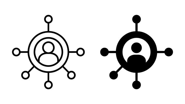 Network Icon Representation: Two stylized icons depict a central figure connected to external nodes, symbolizing a network, communication, or connection. One icon is outlined, the other solid black.