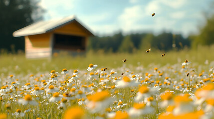 Obraz premium Honey bees flying over a meadow of chamomile flowers with a wooden apiary in a sunny countryside field