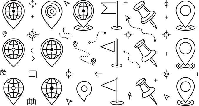 Minimalist map pointer pin and location icon vector set with globes flags routes and navigation symbols on white.