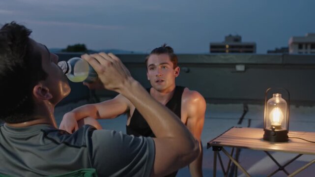 Drinking man in gray shirt sweating holding bottle on rooftop while friend in black tank watching