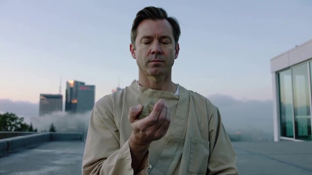 Pulling back, camera revealing man in beige robe holding stone, meditating on rooftop seeking calm