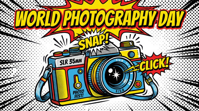 Day comic book style featuring a vintage slr camera halftone generated using ai