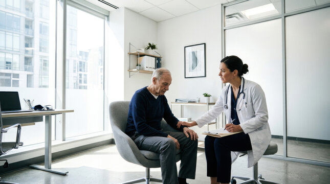Compassionate Doctor Consults With Elderly Patient In A Modern Clinic