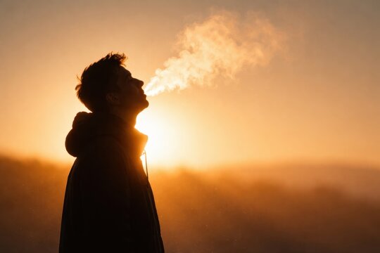 Silhouette of man breathing visible vapor in cold sunrise light creating winter weather and outdoor concept