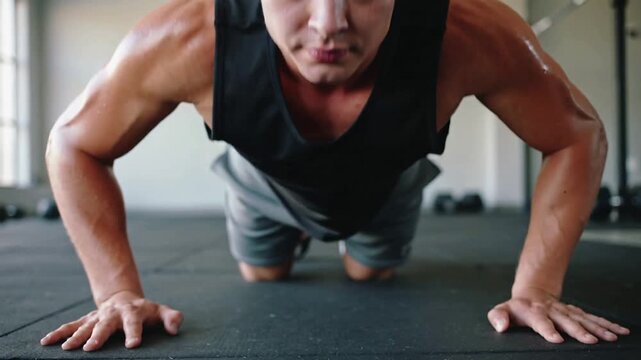 Starting kneeling, lowering fit male in black tank doing knee pushups on mat, preparing press-up