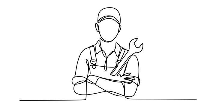 Continuous single line drawing of a handyman mechanic holding a wrench with his arms crossed wearing a cap and overalls