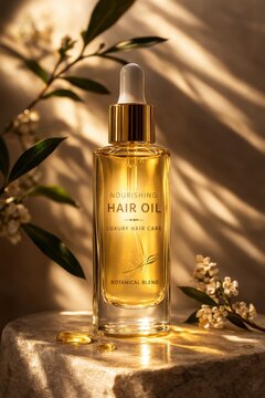 Luxury hair oil bottle with botanical ingredients glowing in warm light for premium beauty care routine