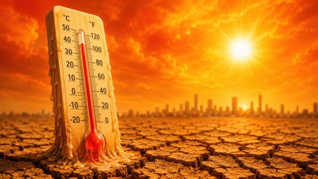 Melting thermometer on cracked dry ground symbolizing extreme heat and climate change under blazing sun