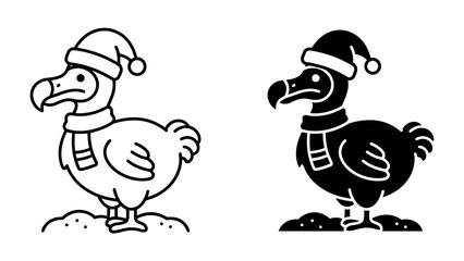 Christmas Dodo Icon: A cute cartoon dodo bird, dressed in a Santa hat and scarf, stands on snowy ground, representing a charming holiday illustration. © akash