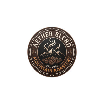 Brown coffee roastery logo with mountain design on transparent background