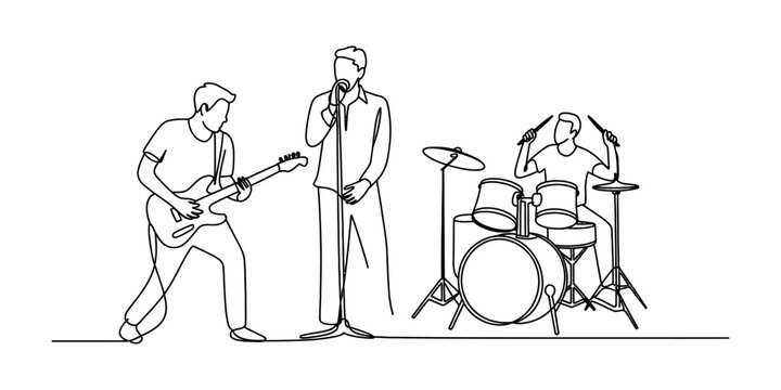 Continuous line drawing of a musical band with a singer guitarist and drummer performing on stage as a creative illustration for music events and concert posters