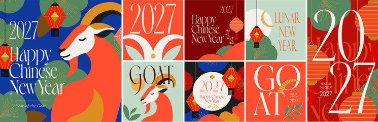 Fototapeta na wymiar 2027. Year of the goat. Chinese new year. Vector modern abstract illustrations of zodiac goat, flowers, lunar new year, chinese lanterns, symbols, asian background for poster, greeting card or flyer 