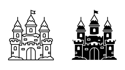 Fairytale Castle Icons: Two charming fairytale castle icons, one outlined and one solid silhouette, represent a classic symbol of fantasy and wonder. © afrin