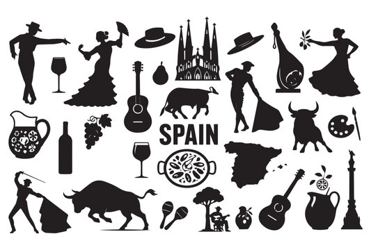 Spanish culture icons and traditional symbols set, black silhouette vector illustrations of flamenco dancers, bullfighting, and national landmarks