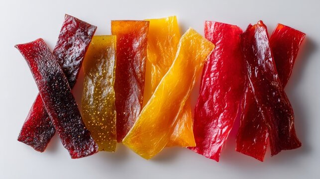 Assorted fruit leather strips arranged on white surface