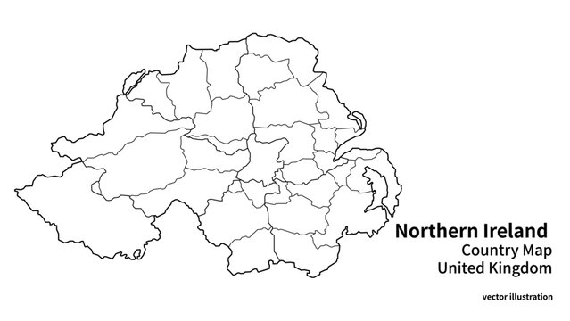 Northern Ireland Administrative Map with Districts, Minimal UK Country Regional Boundary Outline Linear Vector Illustration