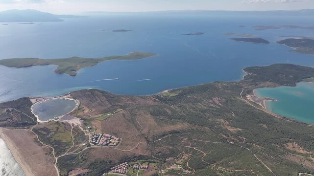 Aerial view of the beautiful Turkish coastline with islands, peninsulas, and the city of Ayvalik, oe01