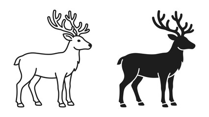 Deer Silhouette: A striking black silhouette of a majestic stag with intricate antlers stands beside its outline, symbolizing nature's enduring elegance and strength. © nila