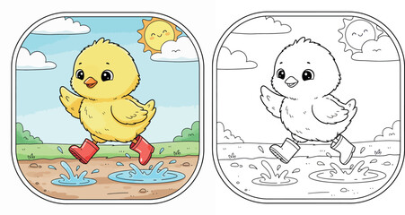 Adorable Chick Splashing in Puddles with Rain Boots - Cute Spring Fun © Dewan