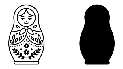 Matryoshka Doll and Silhouette: A charming line art illustration of a traditional Matryoshka doll stands beside its solid black silhouette, representing nesting dolls and cultural symbols. © muntahna
