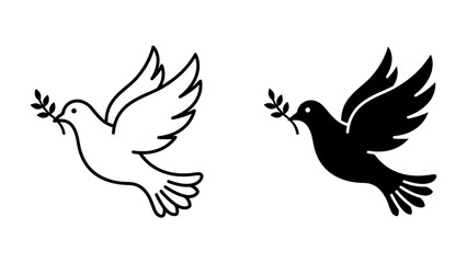 Fototapeta premium Symbol of Peace: Elegant white and black silhouette doves carrying olive branches in flight, representing harmony and tranquility.