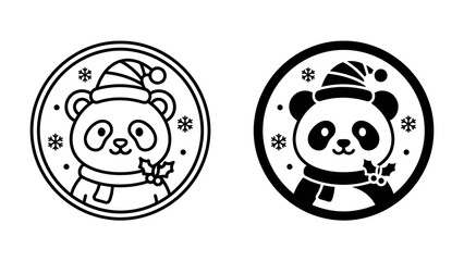 Cute Christmas Panda Icons: Two charming circular icons featuring a panda adorned with a festive Santa hat and scarf, surrounded by snowflakes and holly, perfect for holiday graphics. © Ajm