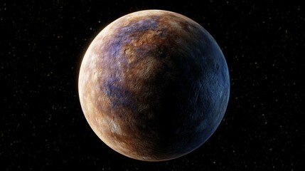Fototapeta premium Planet mercury traveling through the dark interstellar space, showing its heavily cratered surface and varied rocky terrain with shadows indicating depth and texture in the cosmos