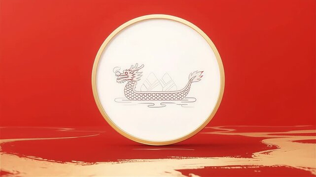 Minimalist holiday background featuring a solid red canvas with a center white circular emblem of a dragon boat.