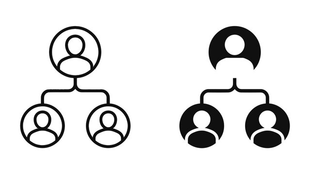 Organizational Chart Icons: Two simplified infographic icons representing hierarchical structures, depicting a leader and their subordinates in a clear, linear fashion.