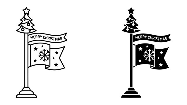 Christmas Flag Decoration: A festive flagpost adorned with a Christmas tree, snowflakes, and a Merry Christmas banner, symbolizing holiday cheer and seasonal greetings.