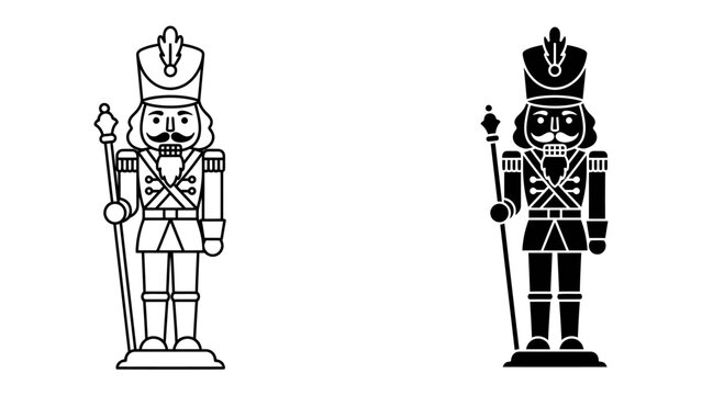 Nutcracker Soldier Icons: Two stylized nutcracker soldier figures, one in outline and one in silhouette, stand regally holding scepters. Perfect for holiday decorations or festive designs.