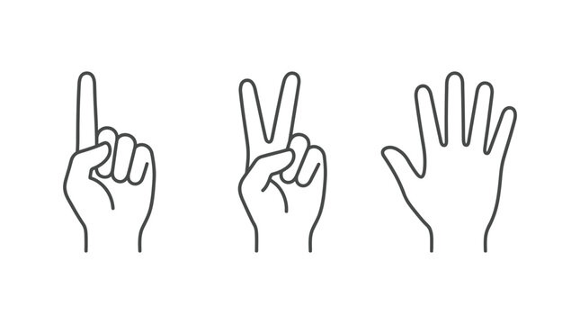 Hand gesture icon set showing counting fingers one, two, and five for sign language design
