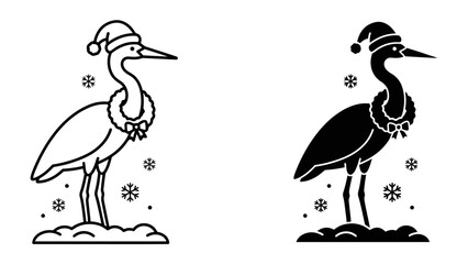 Christmas Crane Icon: A stylized crane, adorned with a festive Santa hat and a holiday wreath, stands on snow-covered ground amidst falling snowflakes, perfect for seasonal graphic design. © nila