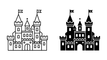 Castle Illustration: Two iconic representations of a fairytale castle, one in line art and the other as a solid silhouette, showcasing classic medieval architecture with turrets and flags. © afrin