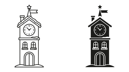 Clock Tower Winter Scene: A charming clock tower, adorned with snow and a festive star, stands proudly in a winter landscape, rendered in both line art and silhouette. © rumana