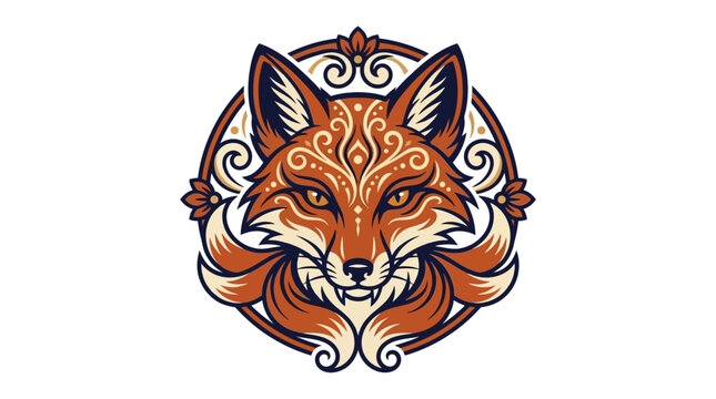 Vibrant orange fox head illustration with decorative swirls and patterns.