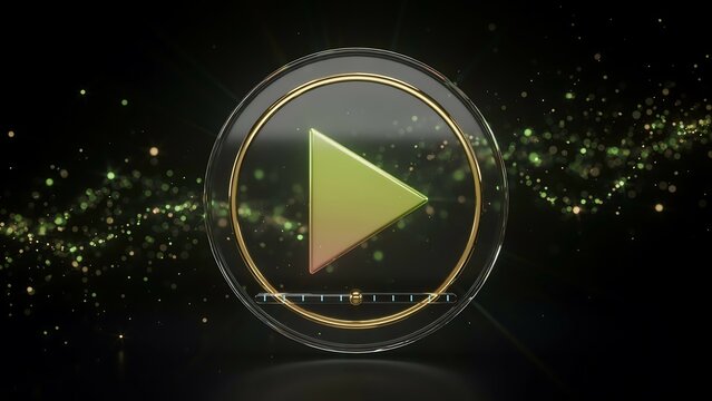 Glowing play button icon with golden particles on dark futuristic digital background
