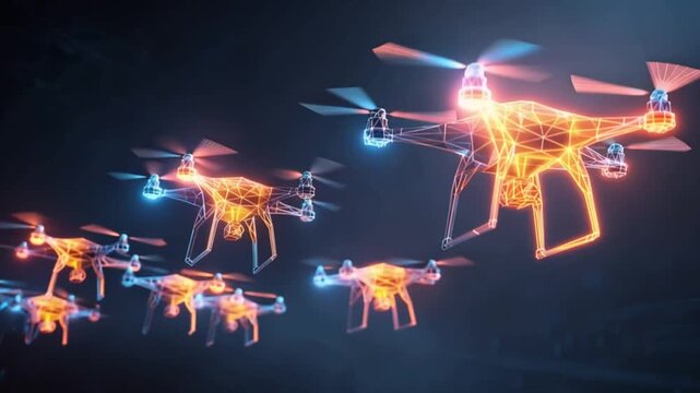 A swarm of futuristic drones in a striking wireframe design glows with vibrant orange and blue neon lights. ..Created with Generative AI, not depicting real subjects.