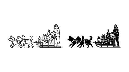 Christmas Dog Sled Delivery: A festive dog sled team, led by two powerful huskies, pulls a sleigh laden with Christmas gifts and a decorated tree, guided by a person in winter attire. © babuni