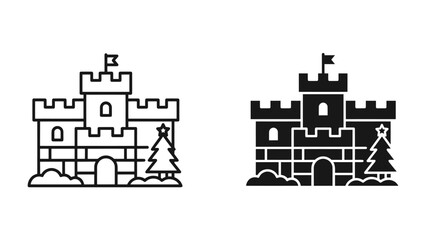 Medieval Castle Icon: A stylized icon representing a medieval castle with battlements, a flag, and an adjacent evergreen tree, depicted in both outline and silhouette styles. © sifu