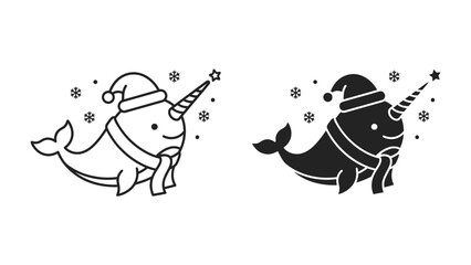 Christmas Narwhal Duo: A charming pair of narwhals, adorned in Santa hats and scarves, exude festive cheer with their iconic spiral horns and twinkling stars against a backdrop of snowflakes. © rumana