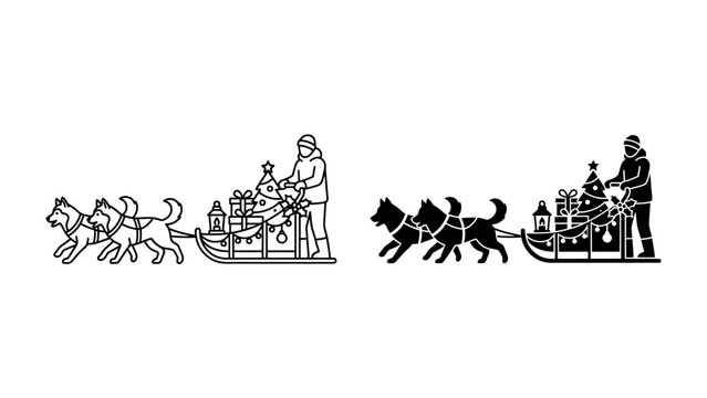 Christmas Dog Sled Delivery: A festive dog sled team, led by two powerful huskies, pulls a sleigh laden with Christmas gifts and a decorated tree, guided by a person in winter attire.