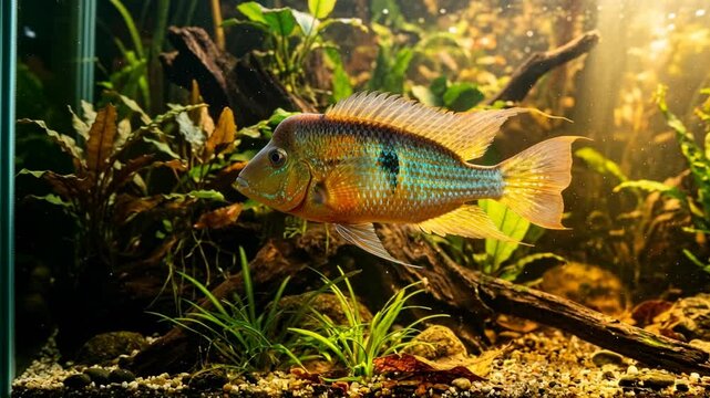 cichlid fish underwater in lake malawi africa golden light close up video