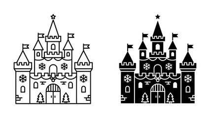 Fairytale Castle Icon: Two stylized illustrations of a magnificent castle, one in outline and the other in silhouette, symbolizing magic and fantasy. © Ajm