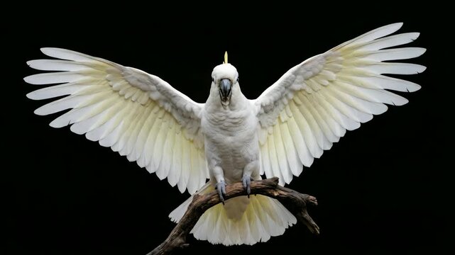 cockatoo bird spreading wings isolated on black background australia close up video